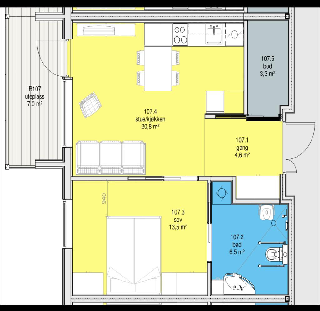 BUSTADER Sjølvstendige leiligheter er dimensjonert med plass til alle sentrale bustad-funksjonar. Dei inneheld kjøkken/stove, soverom, bad og bod. I tillegg kjem bod i underetasje.