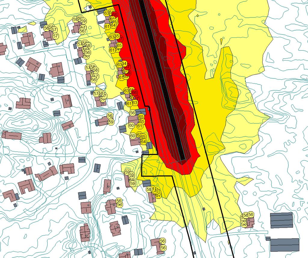 Fv.561 Figur 4-3: Støysonekart som viser LDEN i 1,5 meters beregningshøyde over terreng med tilhørende høyeste fasadenivåer av LDEN for støyfølsom bebyggelse for regulert situasjon.