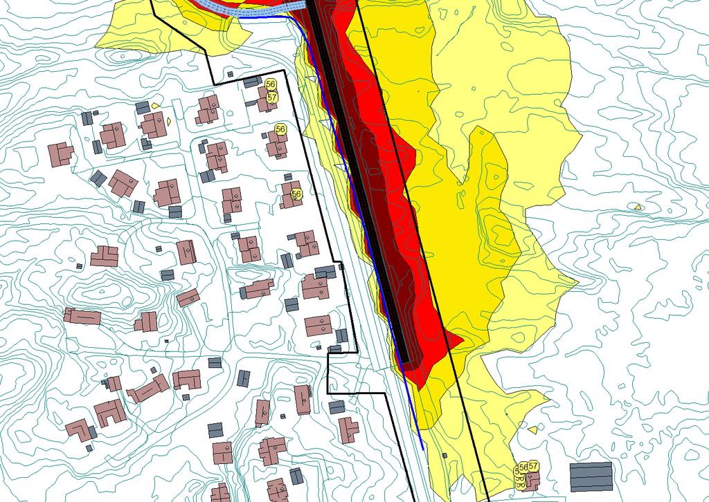 Fv.561 Figur 4-6: Støysonekart i 1,5 meters beregningshøyde over terreng med høyeste fasadenivåer LDEN for støyfølsom bebyggelse for regulert situasjon.