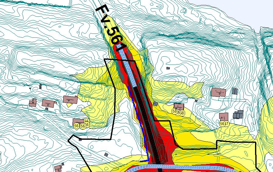 Fv.561 Figur 4-7: Støysonekart i 1,5 meters beregningshøyde over terreng med høyeste fasadenivåer LDEN for støyfølsom bebyggelse for regulert situasjon.