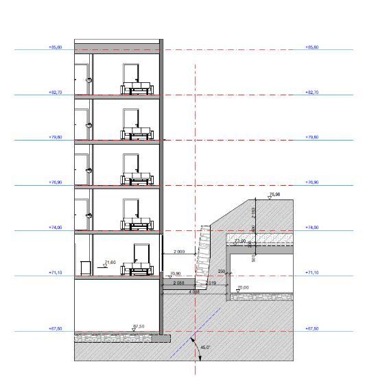 Illustrasjonen viser rommet mellom blokk A og skjæring (merket med blått) som får minst gunstige vindforhold.illustrasjonen er ikke oppdatert etter at 6.etasje er fjernet.