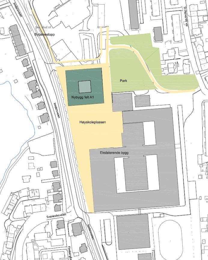 Situasjonskart med nybygg i felt A1, eksisterende høgskole og høgskoleplassen Snitt gjennom nybygg sett fra Inndalsveien.