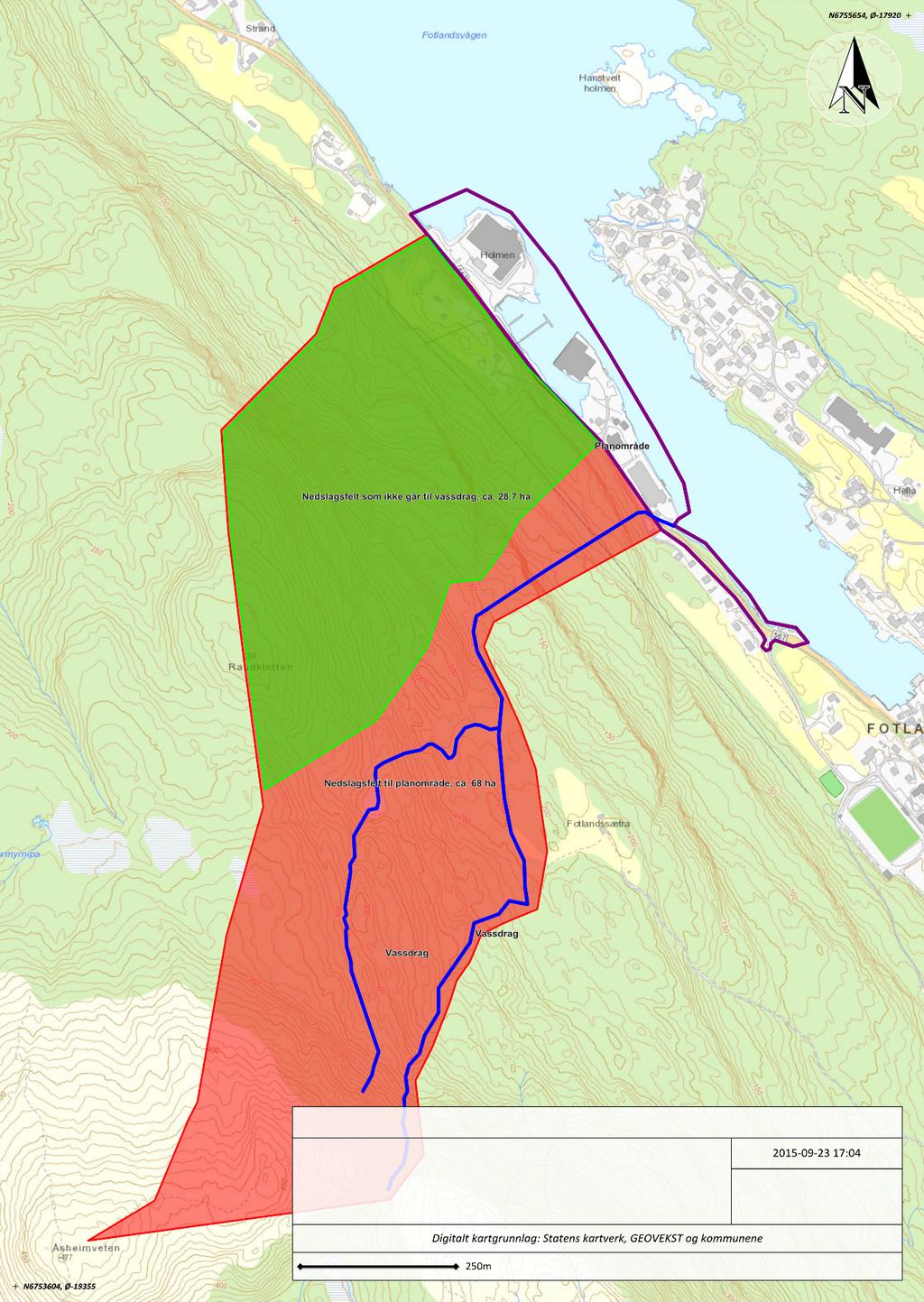 Holmane næring, Fotlandsvåg - VA-rammeplan 10 Figur 2 Nedslagsfeltet til planområdet er markert med rød skravur og vassdraget er tegnet opp