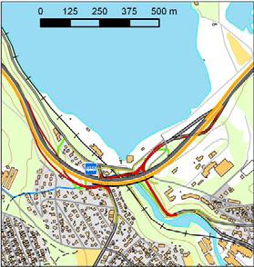 E18 Bommestad Sky Konsekvensutredning, temarapport landskap Figur 2-6: Utsnitt over alternativ 1 med lokalveger og kryss på Farriseidet Alternativ 1 er å anse som en minimumsløsning, der det ikke er