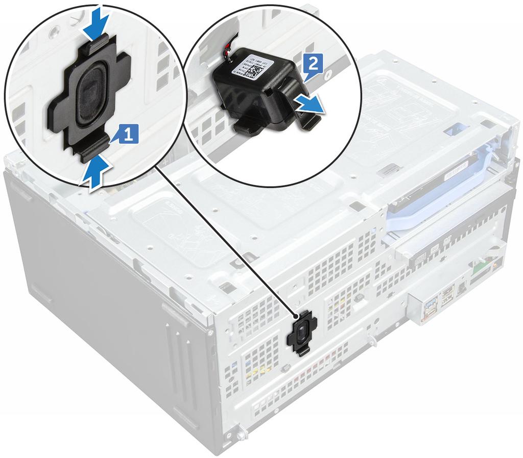 Installere høyttaler 1 Sett høyttaleren inn i sporet. 2 Trykk høyttalermodulen inn til den låses på plass med et klikk. 3 Sett kontakten til høyttalerkabelen inn i kontakten på hovedkortet.