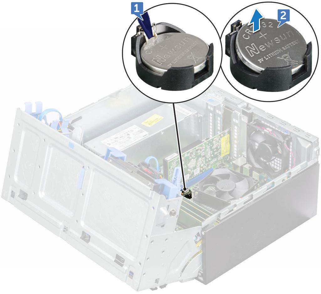 c utvidelseskort 3 Fjern frontpaneldøren. 4 Slik tar du ut klokkebatteriet: a Bruk en plastspiss til å trykke på utløserlåsen til klokkebatteriet spretter ut [1].