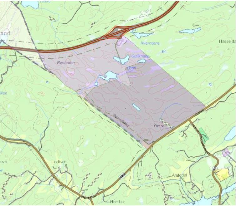 5 Beskrivelse av planområdet og planforslaget 5.1 Analyseområdet Analyseområdet ligger vest for Grimstad sentrum, mellom Europavei (E) 18 og Fylkesvei (Fv) 420 i Grimstad kommune, se Figur 5-1.