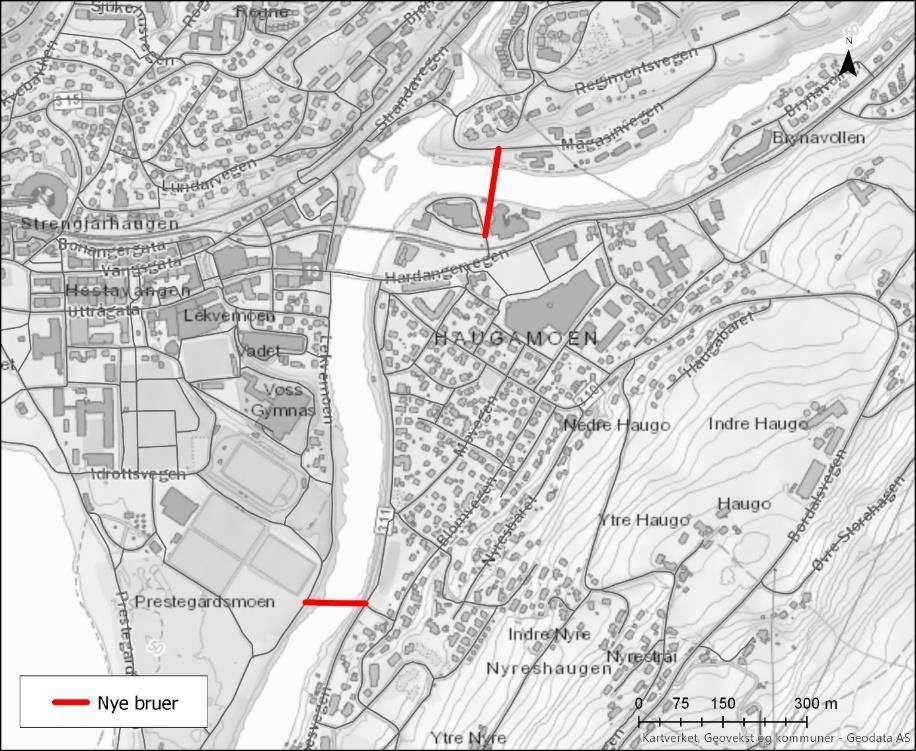 2. VEGTILTAK I denne analysen er to framtidige bruer med i berekninga. Desse bruene er plassert ved Prestegardsmoen og Haugamoen Magasinvegen, og er vist på kartet i figur 1.