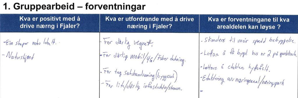 Gruppene vart spurte om kva som er positivt og utfordrande med å drive næring i Fjaler, og kva