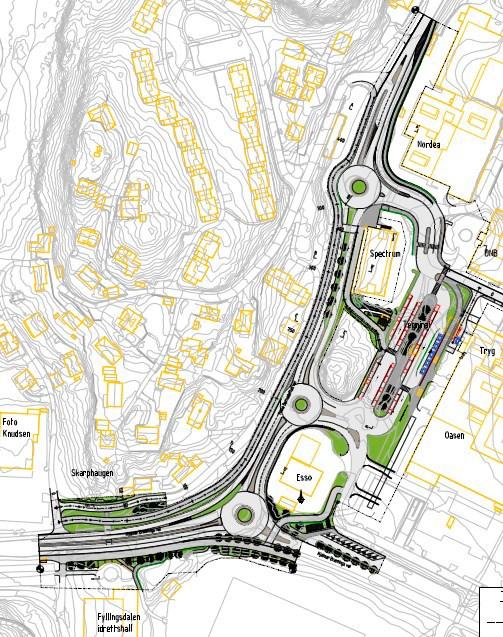 Illustrasjonsplan Illustrasjonsplan Illustrasjonsplanen, viser ferdigstilt situasjon, der gjennomgående hovedrute for sykkel med fortau vises i vest, kollektivfelt inn mot rundkjøring til Oasen fra