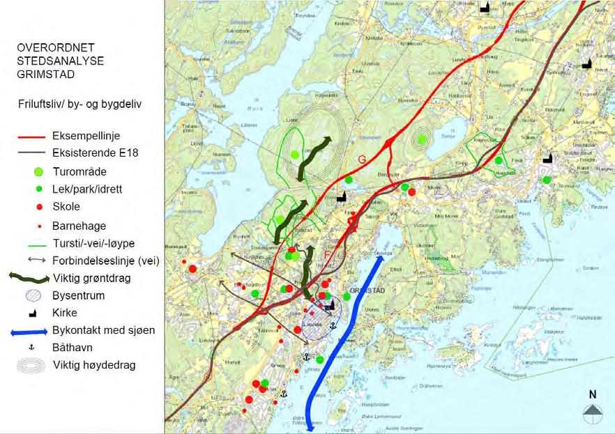 Figur 8-40 Analyse fra temautredning Friluftsliv, by- og bygdeliv som viser viktige interessepunkter, funksjoner og forbindelseslinjer i områder rundt Grimstad.