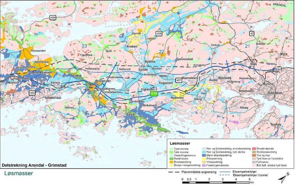 Planbeskrivelse Kommunedelplan E18 Dørdal-Grimstad 5-5 Oversiktskart over løsmasser innenfor planområdet på parsellen Arendal-Grimstad. Kunnskap om grunnforhold er hentet fra NGU.