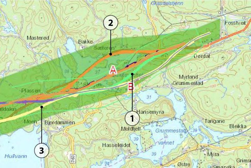 Planbeskrivelse Kommunedelplan E18 Dørdal-Grimstad Bamble kommune Figur 6-6: Veilinjer innenfor planområdet i Bamble som er vurdert.