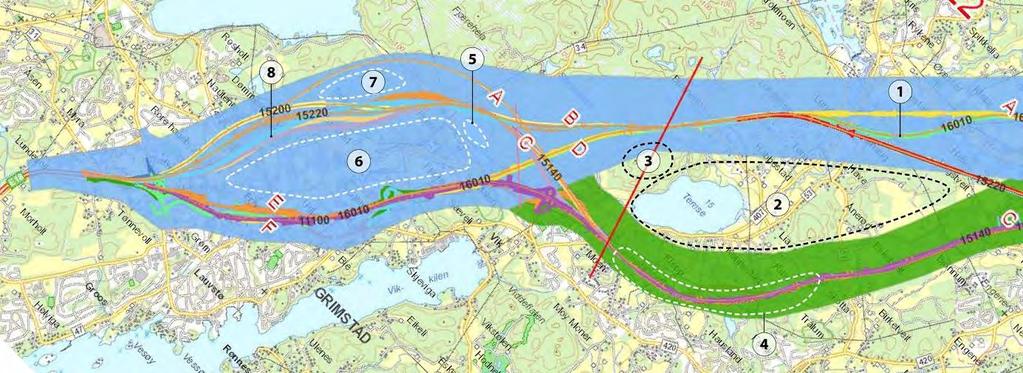 Planbeskrivelse Kommunedelplan E18 Dørdal-Grimstad Grimstad kommune Figur 6-14: Veilinjer innenfor planområdet i Grimstad som er vurdert. 1: Alternativ som krysser Nidelva lenger mot vest (se 1 i fig.