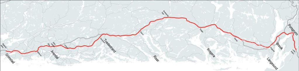 E18 Langangen - Grimstad Reisetid: Langs eksisterende veg (132 km): 100 min Redusert