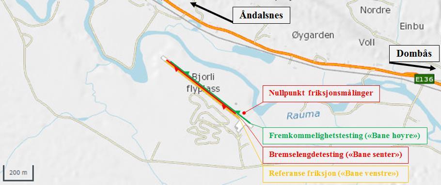 3. Gjennomføring De påfølgende avsnitt gir en kort beskrivelse av feltforsøket. 3.1 Metodikk Feltforsøk på vei (flystripe) med lastebiler den 24.-25. januar 2017. 3.2 Teststrekning Testen ble gjennomført på flystripa ved Bjorli flyplass.