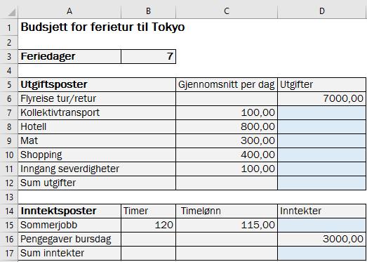 Oppgave 4 (4 poeng) REGNEARK Therese lager et budsjett for en ferietur til Tokyo i høstferien.