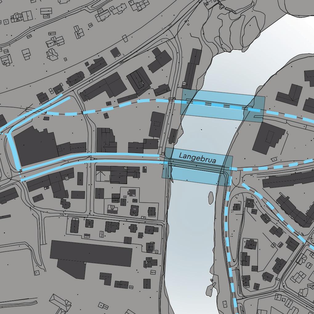 Framtidsvurderingar - kryssing av elva Dette forslaget til sykkeltraséar tek for seg området frå Langebrua ( Hotel Jarl ) til jernbanestasjonen.