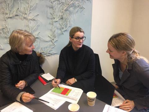Fra venstre: Sølvi Lillejord, Kristin Børte og Esther Canrinus. Qualitative evidence synthesis workshop i regi av Folkehelseinstituttet. Oslo 17.