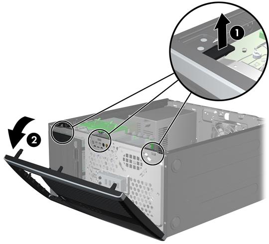 Fjerne frontpanelet 1. Fjern/løsne sikkerhetsenheter som gjør at du ikke kan åpne datamaskinen. 2. Fjern alle flyttbare medier, for eksempel CD-er eller USB-flashstasjoner, fra datamaskinen. 3.