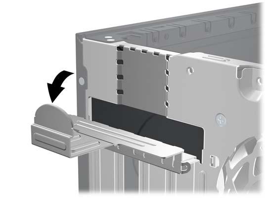 7. Koble ut sperrelåsen som holder PCI-spordekslene fast. Løft den grønne tappen på låsen og drei den til åpen stilling. Figur 2-10 Åpne utvidelsessporfestet 8.