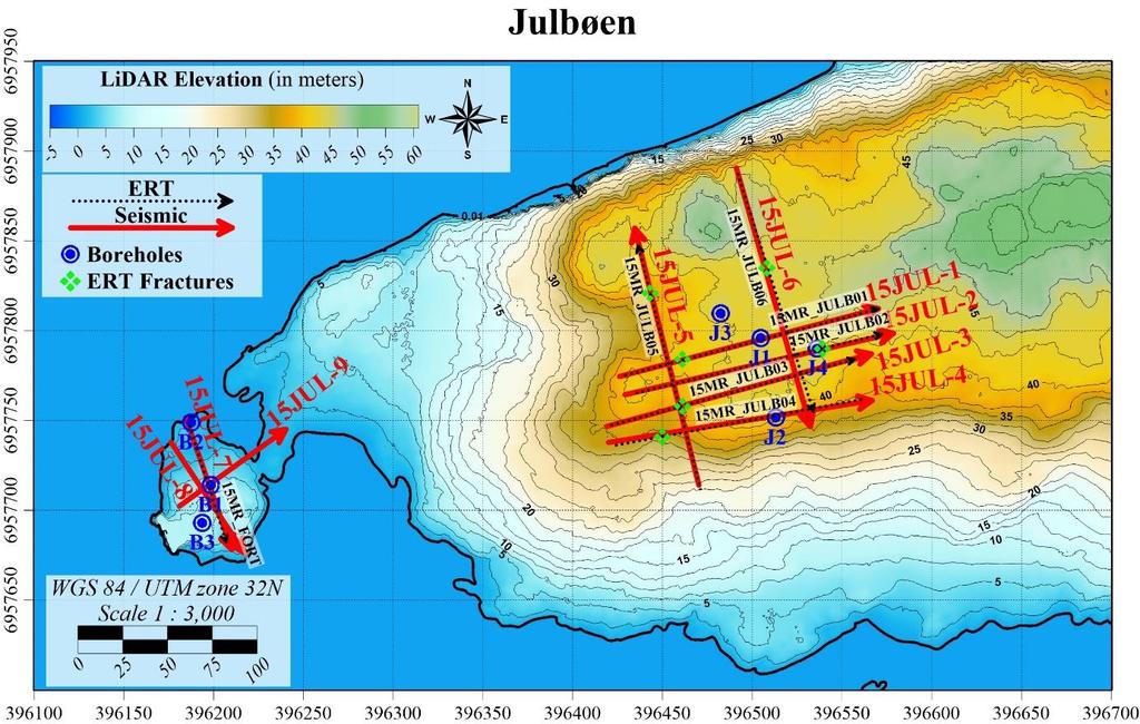 3. RESULTATER NGU har reprosessert refraksjonsseismiske data fra følgende områder: Julbøen, Nautneset (på Otrøya), Otrøya, Tautra og ved Vik på sørsida av Romsdalsfjorden.