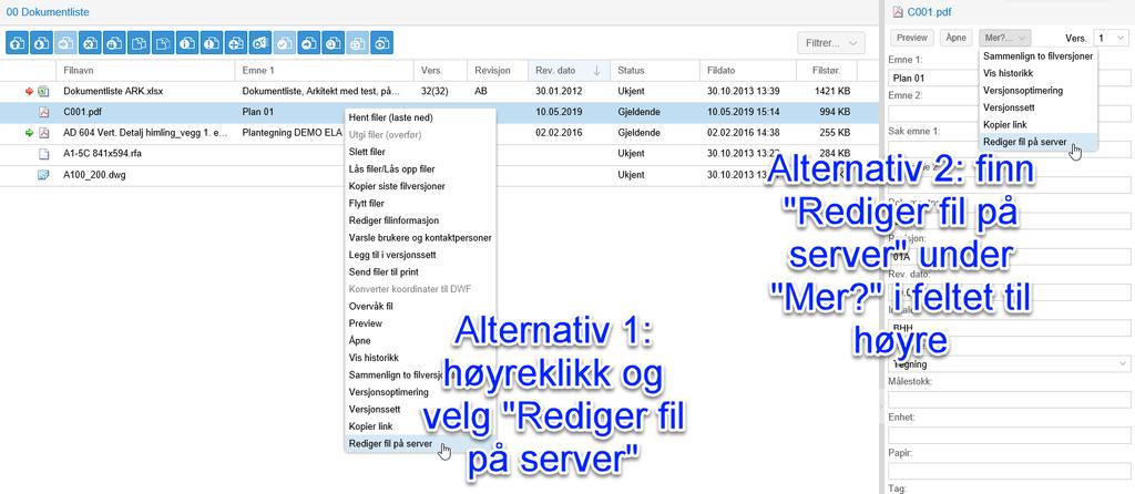 Hvis du har valgt flere filer blir de lastet ned som zip-filer, og du får valget om å inkludere metadata. 3.7 Rediger fil på server krever Java som p.t. kun er støttet av IE Ved å redigere fil på server kan du enkelt kommentere og markere et dokument.