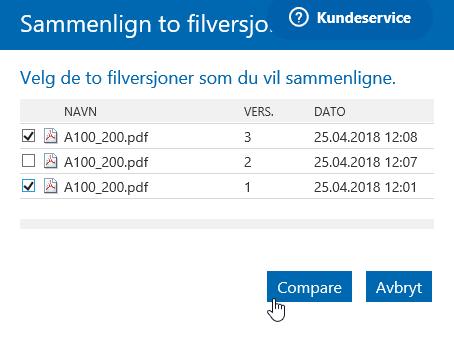 På grunn av dette kreves det at du bruker Internet Explorer til denne funksjonen. Når du har valgt «Sammenlign to filversjoner» åpnes det et nytt vindu.