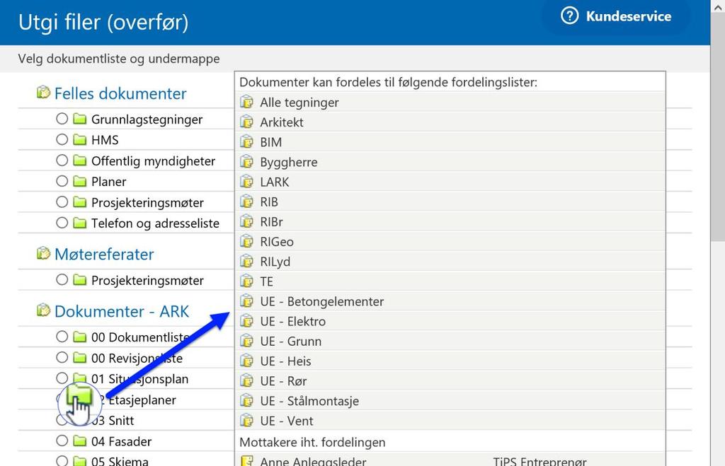 Marker fil(er) i Arbeidsområdet, og klikk på knappen «Utgi filer (overfør)» i den høyre verktøylinjen eller høyreklikk og velg «Utgi filer (overfør)».