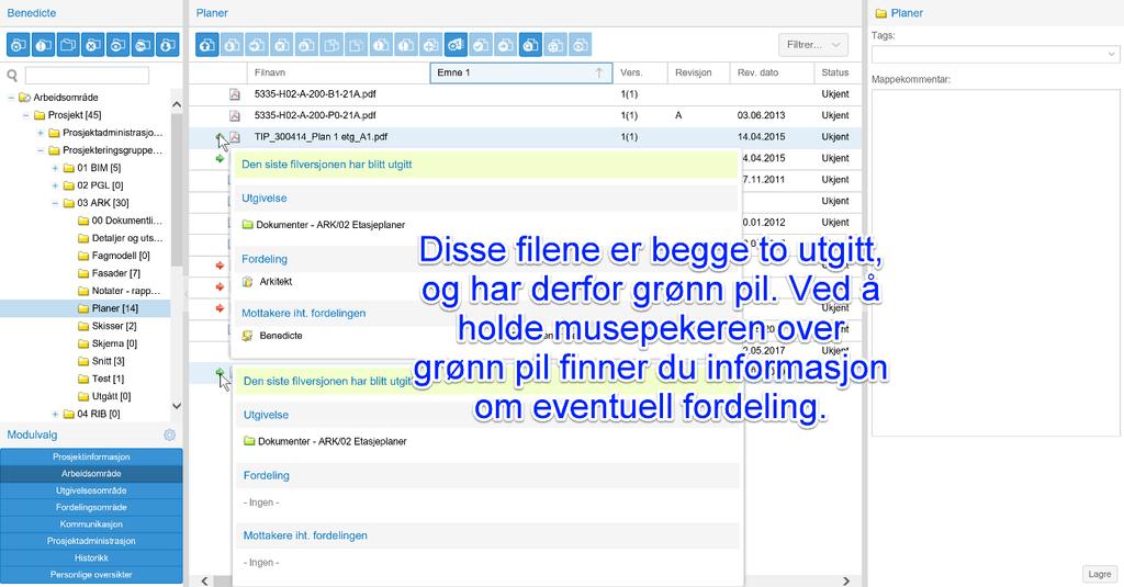 BIM2Share AS Byggeweb Prosjekt Side 19/35 4.2.1 Symboler og filtre Om en fil er utgitt og/eller fordelt kan man enkelt finne ut ved å se på pilene som vises ved filen.