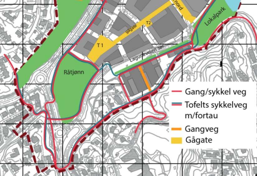 Utklipp GS-veger regulert i områderegulering for Rådal sentrum/lagunen Det er i tillegg regulert ytterligere