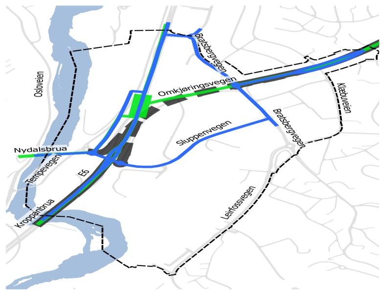 Prinsippene for lokal- og samlevegnett som anbefales tas med videre er: Prinsipp 3A - Bilfritt kollektivknutepunkt i Holtermanns veg Prinsipp 3B - Biltrafikk til sentrum over Kroppanbrua