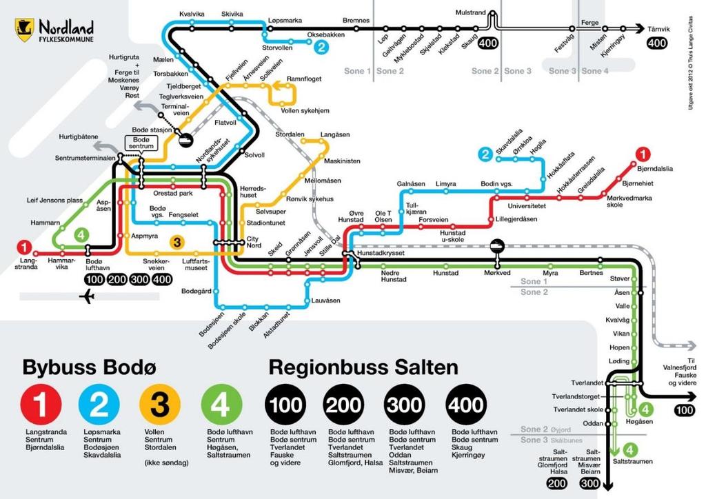 5.9.4. Kollektivtilbud Buss kjører fylkesveien frem til Tårnvik havn onsdager, fredager og søndager, én tur pr. dag. Fig. 10. Linjekart for bussrutene i Bodø 2015.