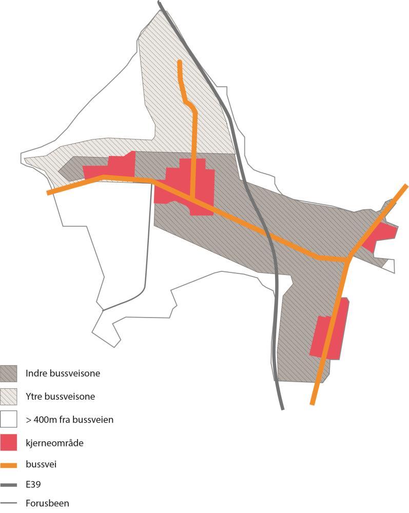 Figur 12. Avgrensning av influensområde for kombinerte virksomheter, 400 meter til hver side fra senterlinje bussvei. Industriområde.