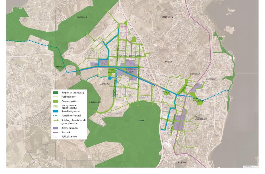 Grøntdraget som sikres for en lenger tidshorisont legges i øst-vest retning fra golfbanen, via en del av Equinor-eiendommen på Forus vest fram til Svanholmen, videre langs bussveien, til grøntdraget