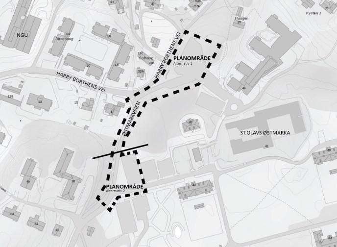 Foreslått planavgrensning til kunngjøring av oppstart, med to alternativer. Planavgrensning for alternativ 1, som ble levert inn til førstegangsbehandling.