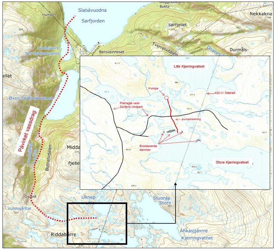 Figur 2. Oversikt over planlagt pumpe (rød sirkel) og pumpelegning (rød heltrukken linje) for overføring av vann til Sørfjord kraftverk.