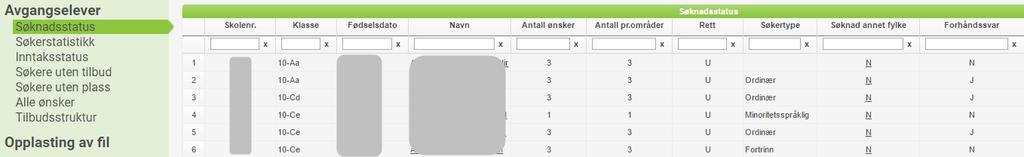 Ved å klikke på lenken under elevens navn får en tilgang til siste søknadskvittering (pdf) som finnes på vedkommende i eget fylke.