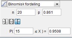 Eg prøvar meg fram med aukande verdiar av p heilt til det aktuelle sannsynet kjem over 95%.