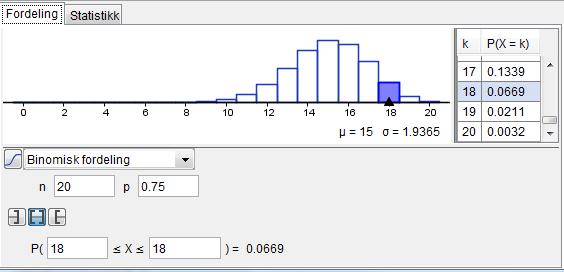 a) Bestem sannsynet for at akkurat 18 lyspærer lyser når det har gått 1000 h. Dette er ein binomisk situasjon med p 0,75, som er sannsynet for at ei tilfeldig lyspære vil lyse i 1000 timar.