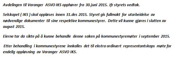 Bakgrunn: Representantskapet i Varanger ASVO IKS vedtok i møte 24.06 2015 (sak 6) følgende; Sak 94/15 Vurdering: Varanger ASVO IKS er er selskap eid av hhv Nesseby- (25%) og Vadsø kommune (75%).