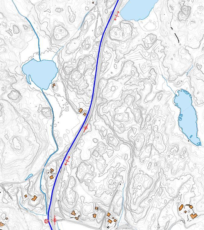 VA-anlegg Kjerlingland - Fjelldal 10 Figur 8 Høy- og lavbrekk på traseen, forslag til plassering av pumpestasjoner.