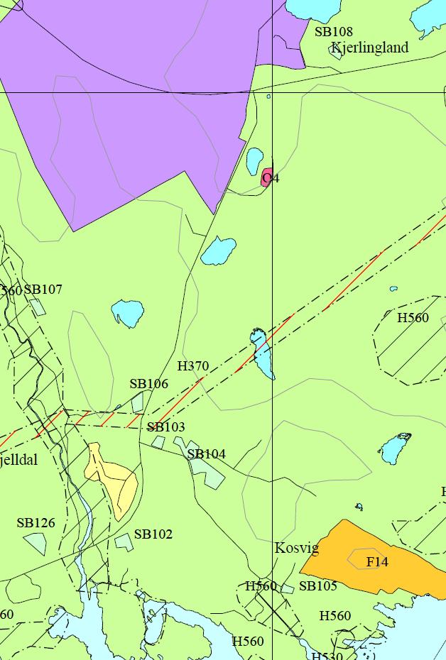 VA-anlegg Kjerlingland - Fjelldal 13 4 FORELIGGENDE PLANER 4.1.1 Kommuneplanens arealdel Figuren under viser vedtatt kommuneplan 2018-2030 for området.