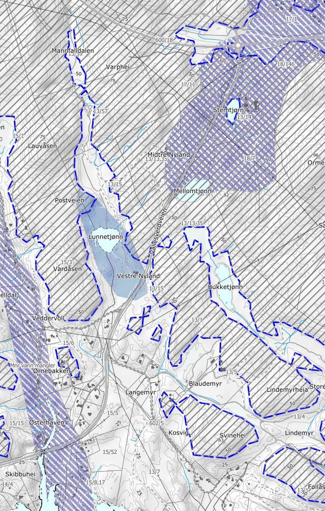 VA-anlegg Kjerlingland - Fjelldal 21 NGU sitt kart over marin leire viser at det må påregnes områder med marin leire. Svært stor sannsynlighet for marin leire, men usammenhengende og tynt.