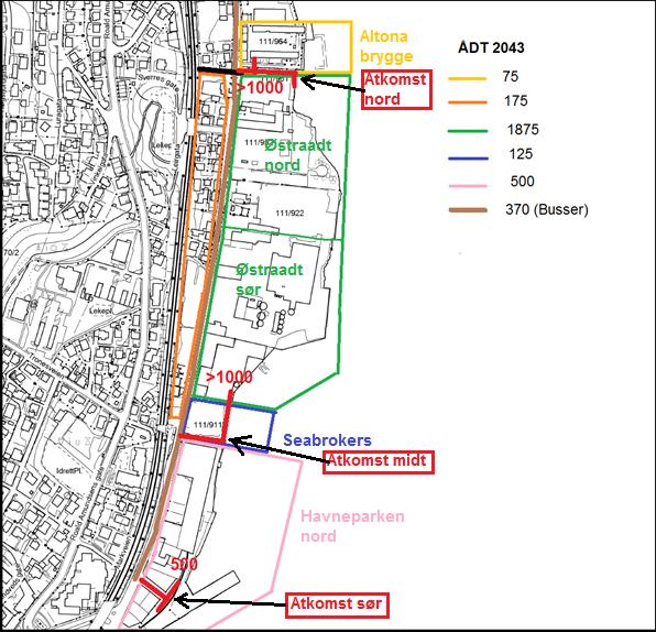Scenario 2 (2043): Beskrivelse av alternativet Transformasjonsområdet fullt utbygd. Bussvei 15,6 m (16,4 m) er etablert. Bussveien er i full drift, og trafikk til området tillates i Bussveien.