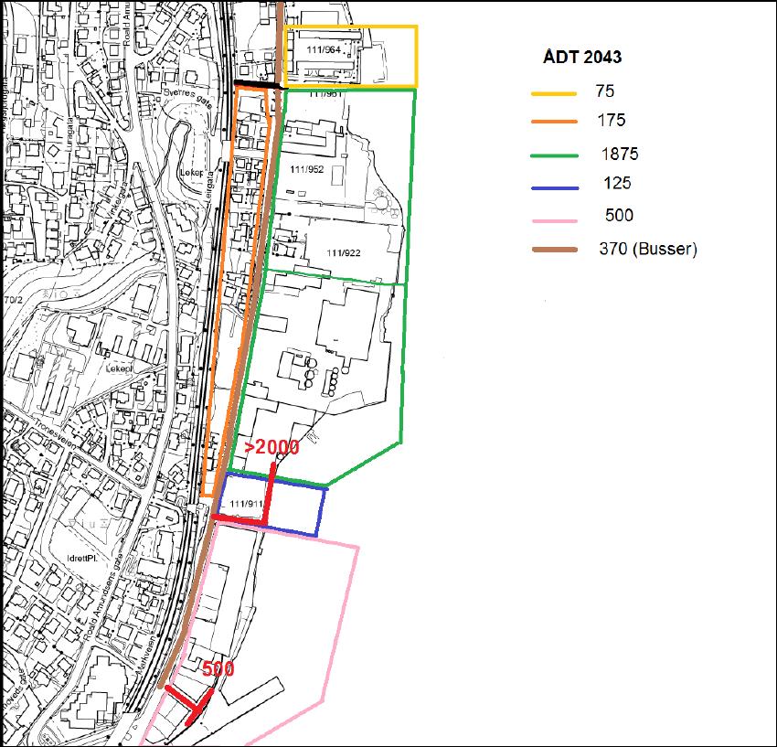 Scenario 3 (2043): Beskrivelse av alternativet Transformasjonsområdet fullt utbygd. Bussvei 15,6 m (16,4 m) er etablert. Bussveien er i full drift. Det tillates to atkomster til utbyggingsområdet.