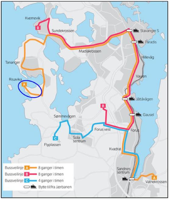 Utvalgssakens nummer: Side 3 av 5 Kart 1: Kartet ovenfor viser bussvegen i sin helhet. Innsirklet med blått kommunalt vegnett som tas opp til fylkesveg.