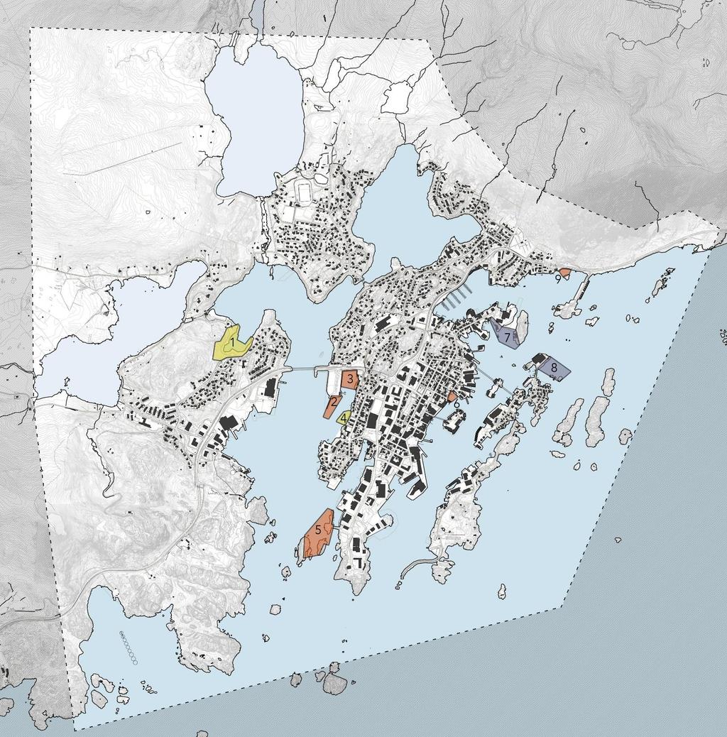 NYE FYLLINGER Forslag om 9 nye områder for utfylling 1 Ørnbukta / Leirospollen (bolig) 2 Fergekaia sør (parkering) 3 Fergekaia øst (kombinert) 4 Storøya