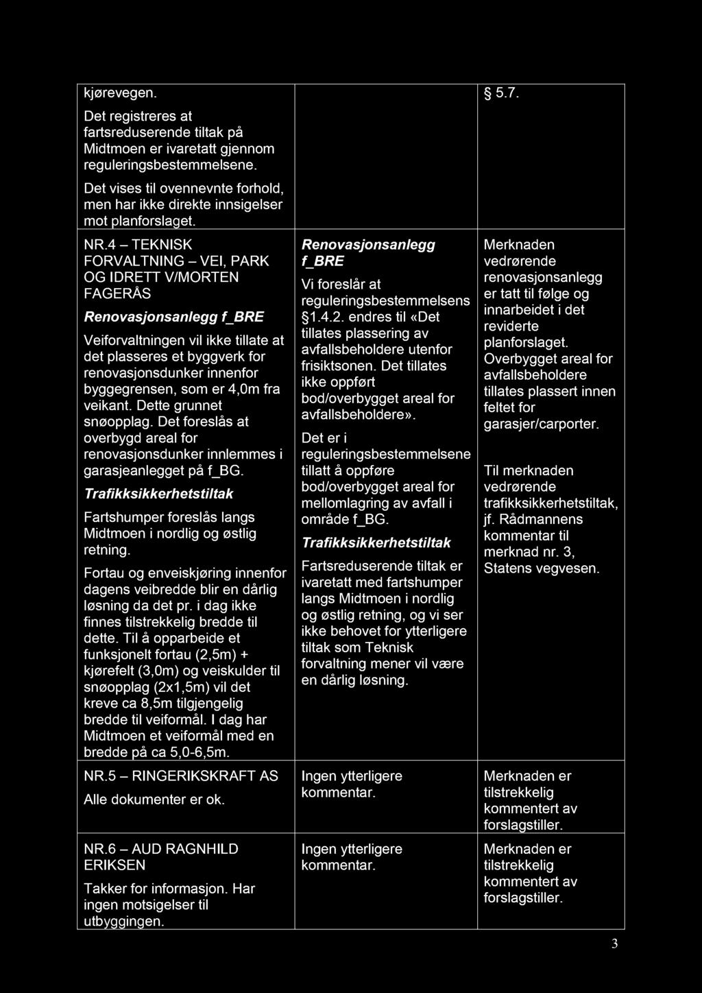 kjørevegen. Det registreres at fartsreduserende tiltak på Midtmoen er ivaretatt gjennom reguleringsbestemmelsene. Det vises til ovennevnte forhold, men har ikke direkte innsigelser mot planforsl aget.