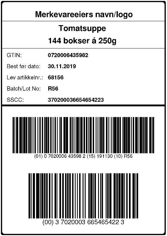 Prduktmerking på Ekspneringenhet Oversikt ver merking av prduktinfrmasjn sm skal eller kan merkes på Ekspneringenhet: Opplysning Klartekst GS1-128 (strekkde) AI Frmat SSCC (kllinummer) Skal merkes